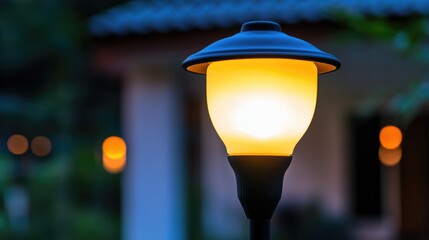 Poster - Closeup view of illuminated LED lamp highlighting intricate details in a serene outdoor setting at twilight