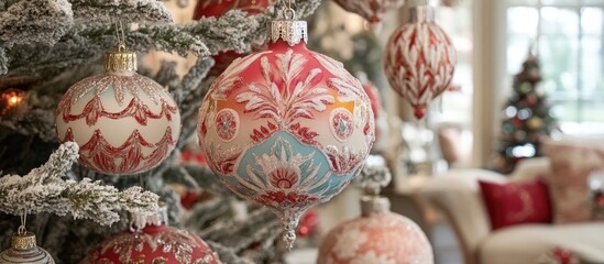 Poster - Decorative Christmas tree ornaments in a cozy festive setting for a warm holiday atmosphere