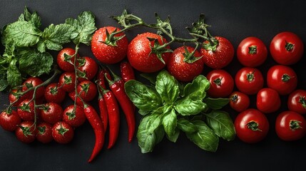 Poster - Fresh tomatoes red chili peppers and green herbs arranged artistically on a dark surface showcasing vibrant colors and textures of produce