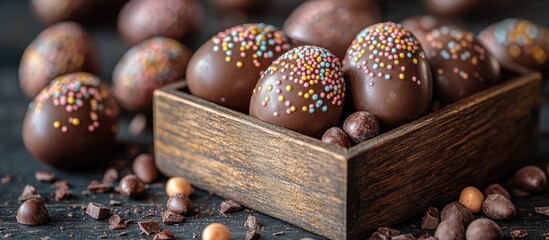 Poster - Chocolate Easter eggs with colorful sprinkles arranged in a rustic wooden box surrounded by chocolate pieces on a dark background