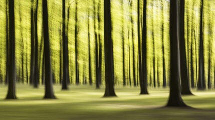 Poster - Abstract motion blur of vibrant green tree leaves and tall forest trunks creating a serene and peaceful nature background.