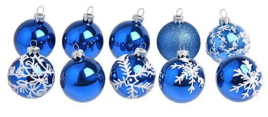 Poster - Blue Christmas ornaments with snowflake designs arranged elegantly on a bright white background for festive holiday decor.