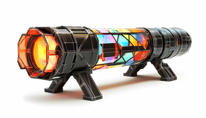 Poster - A futuristic device resembling a colorful energy cannon or projector.