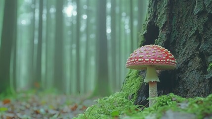 Poster - Blusher mushroom Amanita rubescens in a Romanian forest showcasing its vibrant cap against a serene natural woodland backdrop