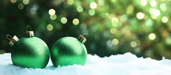 Aufkleber - Green Christmas ornaments on snow with a sparkling green bokeh background creating a festive holiday atmosphere.