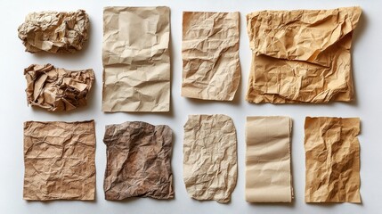Poster - Variety of recycled paper textures featuring crumpled and unfolded sheets arranged artistically on a clean white background