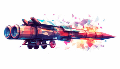 Poster - A stylized rocket missile with geometric shapes and vibrant colors.