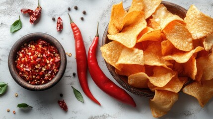 Poster - Chili peppers and crispy potato chips arranged on a white background with spices for a vibrant culinary presentation