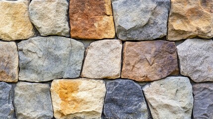 Poster - Textured stone wall with various colored rocks creating a natural background ideal for design projects and organic aesthetics