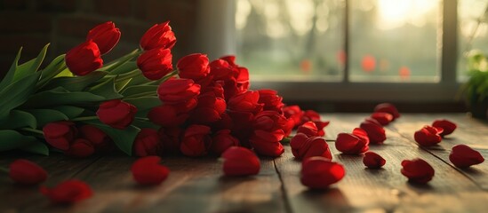 Aufkleber - Vibrant red tulips beautifully arranged on a rustic wooden table with soft natural light illuminating the scene.