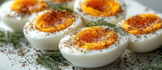 Poster - Boiled eggs garnished with dill and spices on a white plate celebrating Easter breakfast tradition