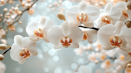 Aufkleber - Elegant white orchid flowers with soft bokeh background showcasing delicate petals and serene beauty in a tranquil setting.
