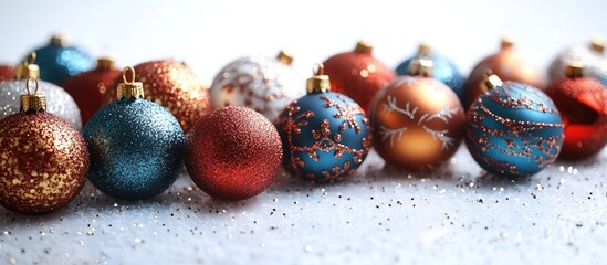 Poster - Colorful Christmas ornaments arranged on a white background with sparkling glitter for a festive holiday theme.