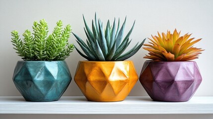Poster - Modern geometric concrete planters showcasing vibrant succulent arrangements on a minimalist shelf against a clean white backdrop for decor ideas