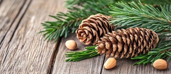 Aufkleber - Cedar cones and pine nuts arranged on a rustic wooden table with green pine needles creating a natural holiday greeting card background