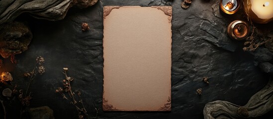 Poster - Elegant beige A4 stationery with textured edges on a dark stone background for luxury branding mockups and creative design presentations.