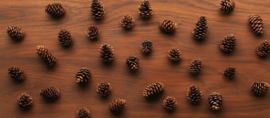 Poster - Christmas pine cones arranged on a wooden backdrop with blank space for text in a flat lay view for festive seasonal themes.