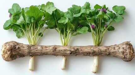 Poster - Fresh burdock roots with green tops displayed against a clean white background, showcasing natural textures and colors for culinary uses.