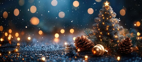 Poster - Christmas bokeh lights creating a festive atmosphere with a decorated tree and ornaments against a soft dark background