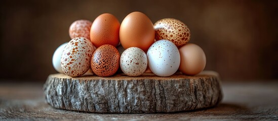 Aufkleber - Assorted chicken and quail eggs arranged on a wooden slice with a rustic brown background highlighting holiday preparation and seasonal themes