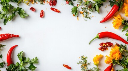 Poster - Chili peppers and herbs arranged artistically on a white background for culinary inspiration and vibrant food presentation