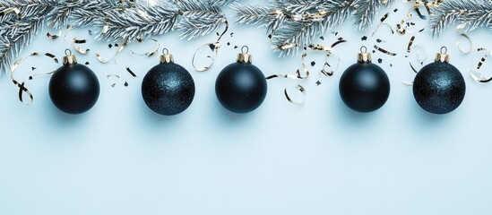 Poster - Elegant black Christmas ornaments with gold accents and festive confetti on a light pastel background for holiday decor and celebrations.