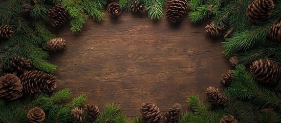 Poster - Rustic Christmas Background Aged Wooden Table Surrounded by Pine Branches and Cones Winter Holiday Concept Top View with Copy Space