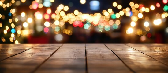 Poster - Blurred Christmas lights on a festive evening with wooden table surface for winter holiday backgrounds and visual warmth celebration.