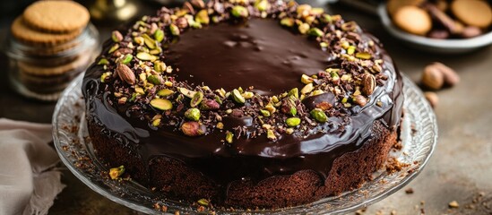Aufkleber - Chocolate salami cake topped with pistachios walnuts and cookies showcasing a sumptuous homemade dessert ideal for festive occasions
