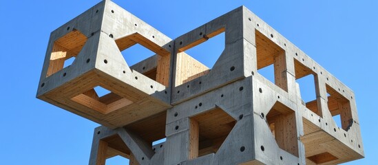 Poster - Modern architectural design featuring intricate geometric shapes in a concrete structure against a clear blue sky.