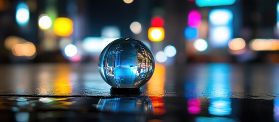 Aufkleber - Bokeh lights reflection on a glass sphere with vibrant party atmosphere and water droplets creating a dreamy night scene