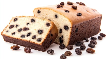 Poster - Raisin loaf cake with sliced portion showcasing texture and raisins on a clean white background