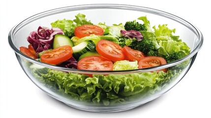 Aufkleber - Fresh vibrant salad in a transparent bowl featuring lettuce, tomatoes, cucumbers, and broccoli on a bright background.