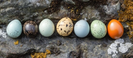 Poster - Colorful quail eggs arranged in a row on a textured stone surface showcasing natural beauty and variety in colors and patterns.