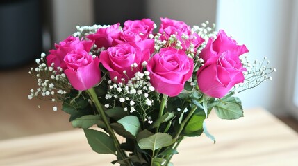 Aufkleber - Vibrant Pink Roses Bouquet with Delicate Baby's Breath on a Wooden Table