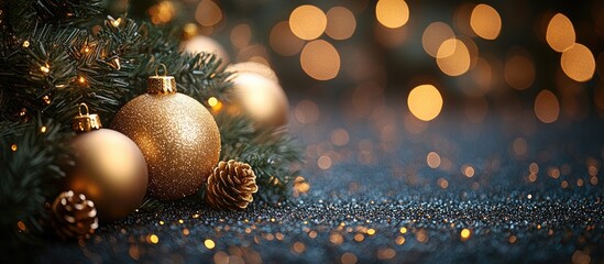 Poster - Golden baubles and twinkling lights beautifully arranged on a festive background for Christmas celebration and holiday decoration.