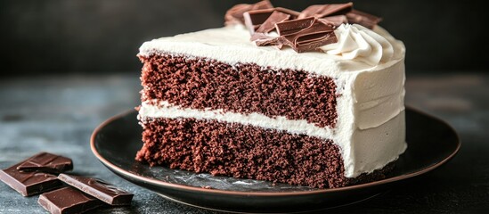 Poster - Delicious chocolate and cream cake slice garnished with chocolate on a dark table setting ready to indulge in a sweet treat.
