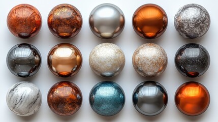 Poster - Glistening assortment of decorative spheres in various textures arranged on a white background for design and aesthetic purposes