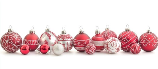 Poster - Red and White Christmas Baubles and Ornaments on White Background Festive Border Design Holiday Decoration Arrangement