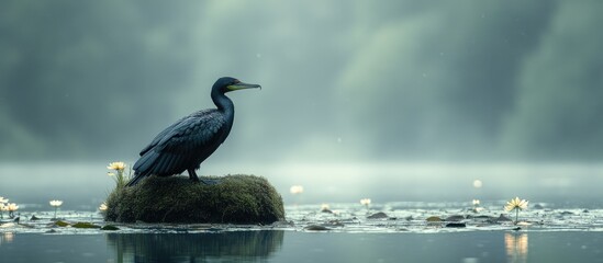 Aufkleber - Black cormorant resting on a mossy island in a misty lake surrounded by water lilies and serene nature ambiance