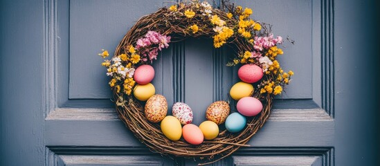 Wall Mural - Festive Easter Wreath Decorated with Colorful Eggs and Flowers on a Charming Door