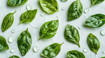 Poster - Fresh green leaves with water droplets arranged on a textured white background symbolizing nature and vitality in a minimalist composition