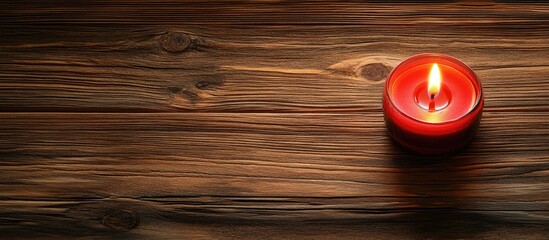 Aufkleber - Warm glowing red candle on rustic wooden table creating a cozy serene atmosphere ideal for relaxation and mindfulness moments.