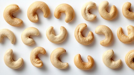 Poster - Cashew nuts arranged on a white background showcasing their distinct shapes and textures in a clean and minimalist style