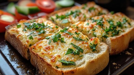 Poster - Garlic bread topped with melted cheese and fresh vegetables on a rustic wooden platter garnished with herbs and colorful salad.