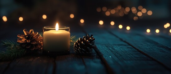 Aufkleber - Festive candle with pinecones and greenery illuminating a cozy wooden table for a warm Christmas still life atmosphere.