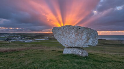 Poster - Stunning sunset over a large rock formation with rays of light breaking through clouds in a serene landscape setting