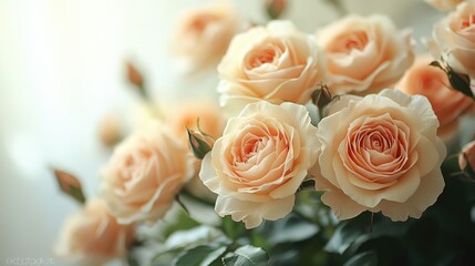 Poster - Delicate arrangement of soft peach roses on a light backdrop symbolizing elegance and romance in floral design