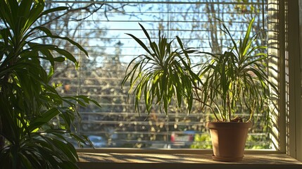 Aufkleber - Indoor plant by window with blinds partially closed filtering sunlight while creating a serene atmosphere in a cozy living space.