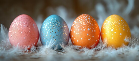 Vibrant colored easter eggs arranged on a light wooden surface surrounded by soft white feathers for a festive spring atmosphere